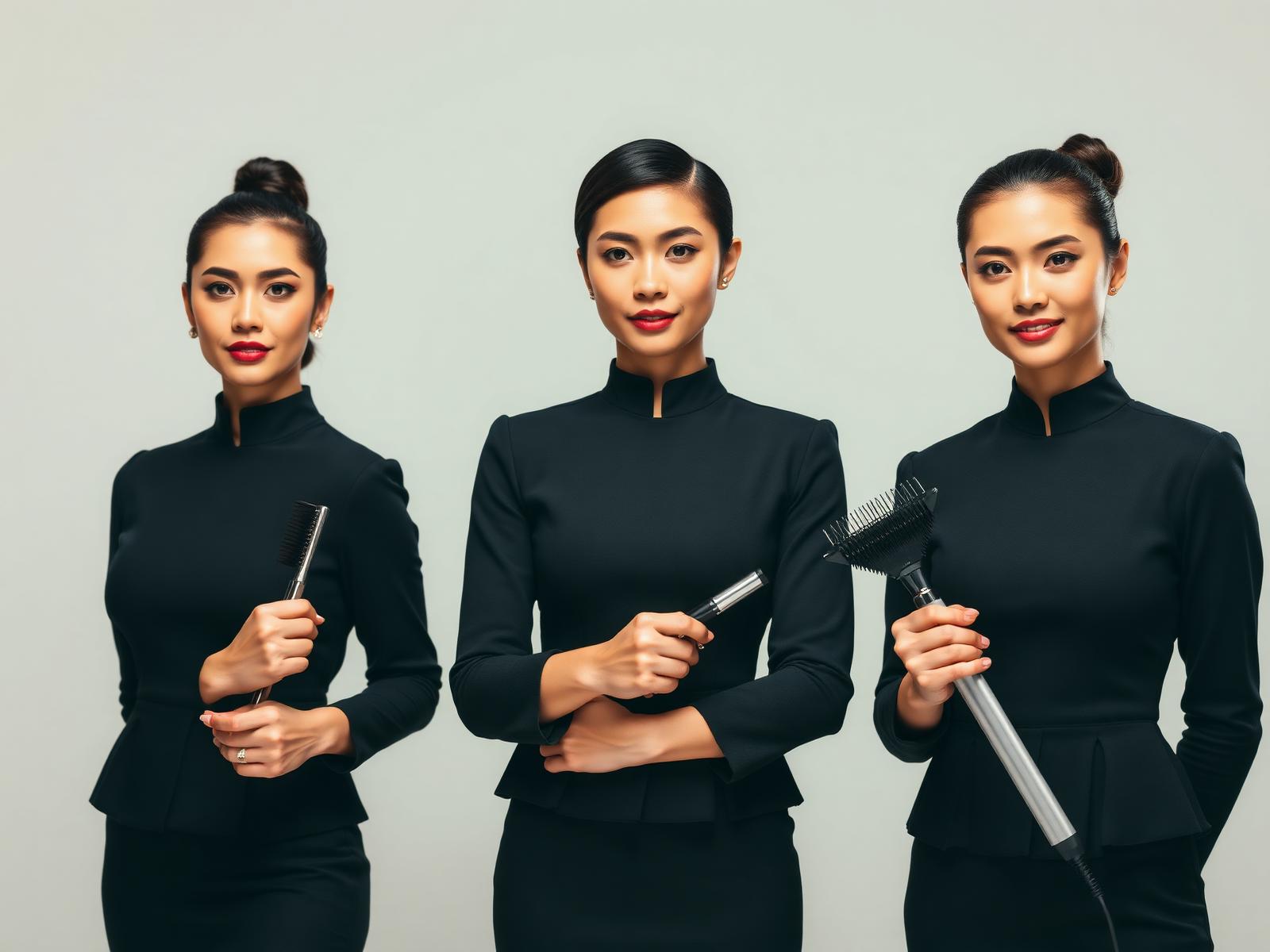 Retrato corporativo de tres profesoras de imagen personal en uniforme negro mate sosteniendo herramientas profesionales en Arce Formación Benidorm