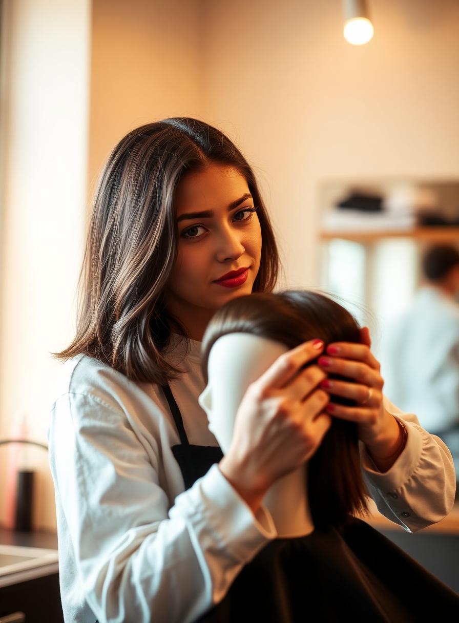 Alumna de peluquería practicando en aulas de Arce Formación Benidorm