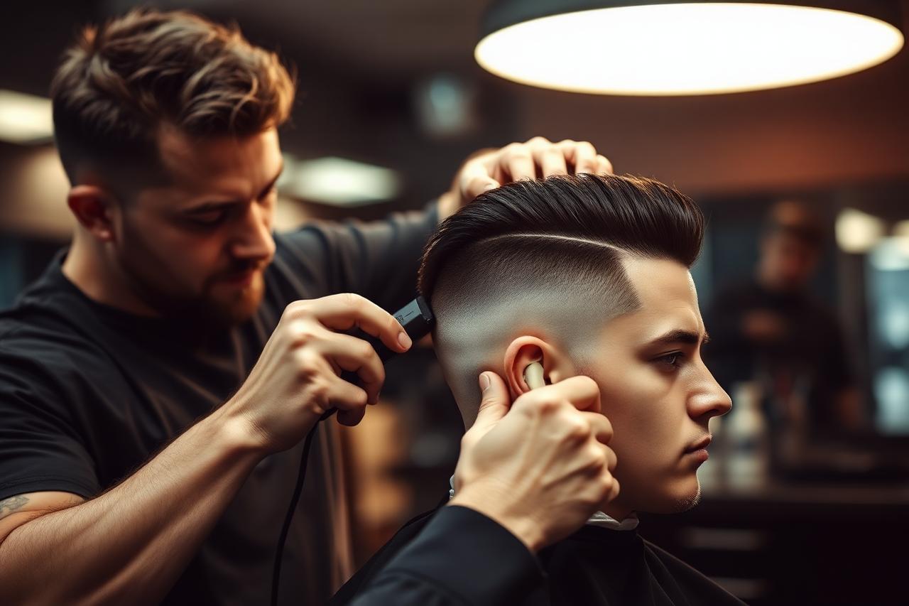 Barbero realizando un degradado con máquina a un cliente en una barbería moderna