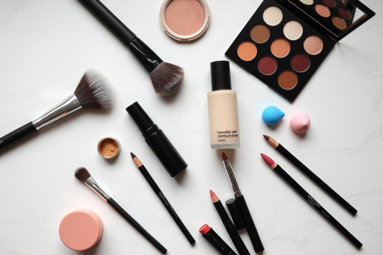 Material profesional de maquillaje ordenado sobre superficie clara: brochas, paleta de sombras y bases