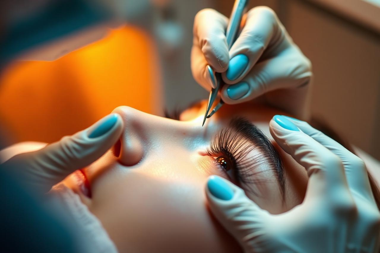 Técnica aplicando extensiones de pestañas pelo a pelo con pinzas a una clienta en cabina