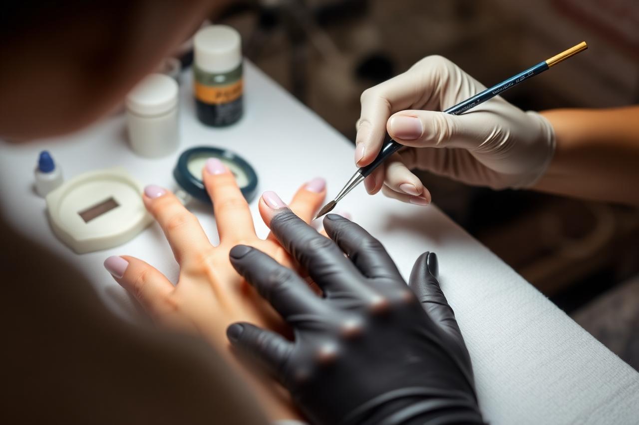 Técnica de uñas esculpiendo una uña acrílica con pincel sobre molde en la estación de trabajo
