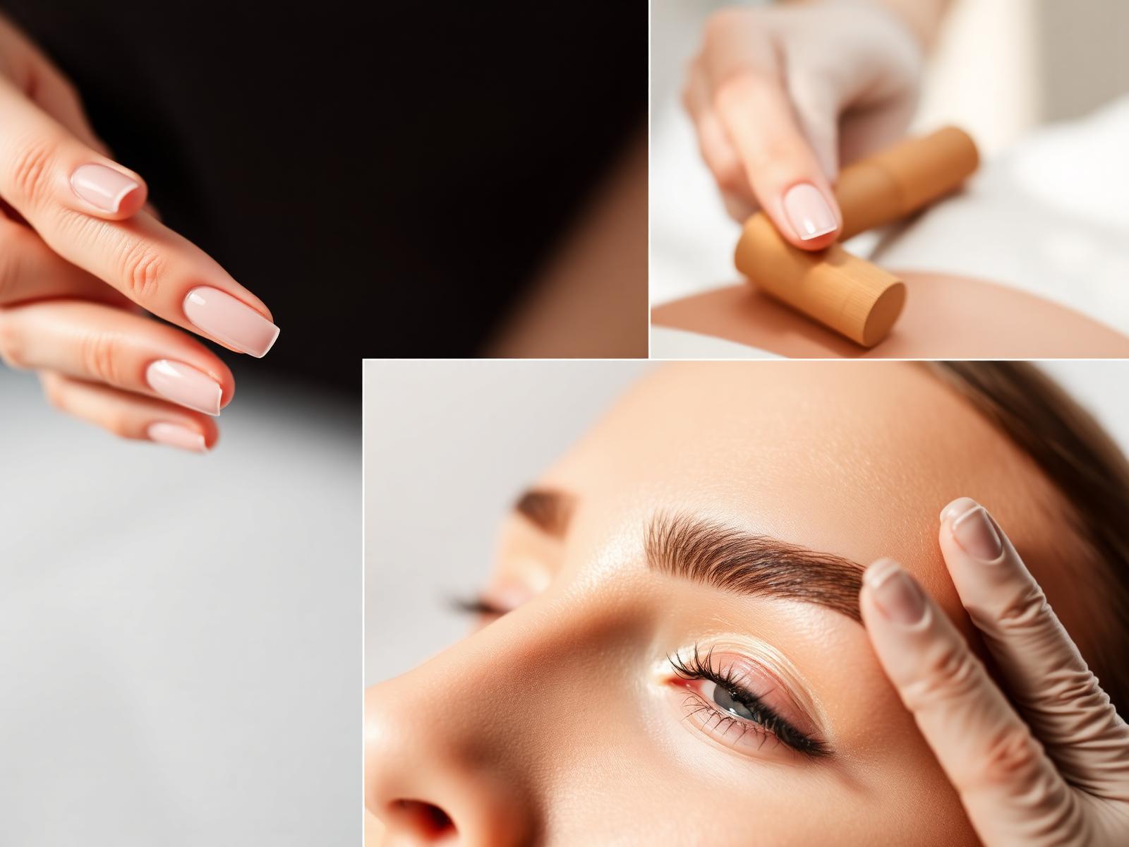 Mosaico editorial de estética: manicura de gel perfecta, maderoterapia corporal y diseño hiperrealista de cejas en Arce Formación